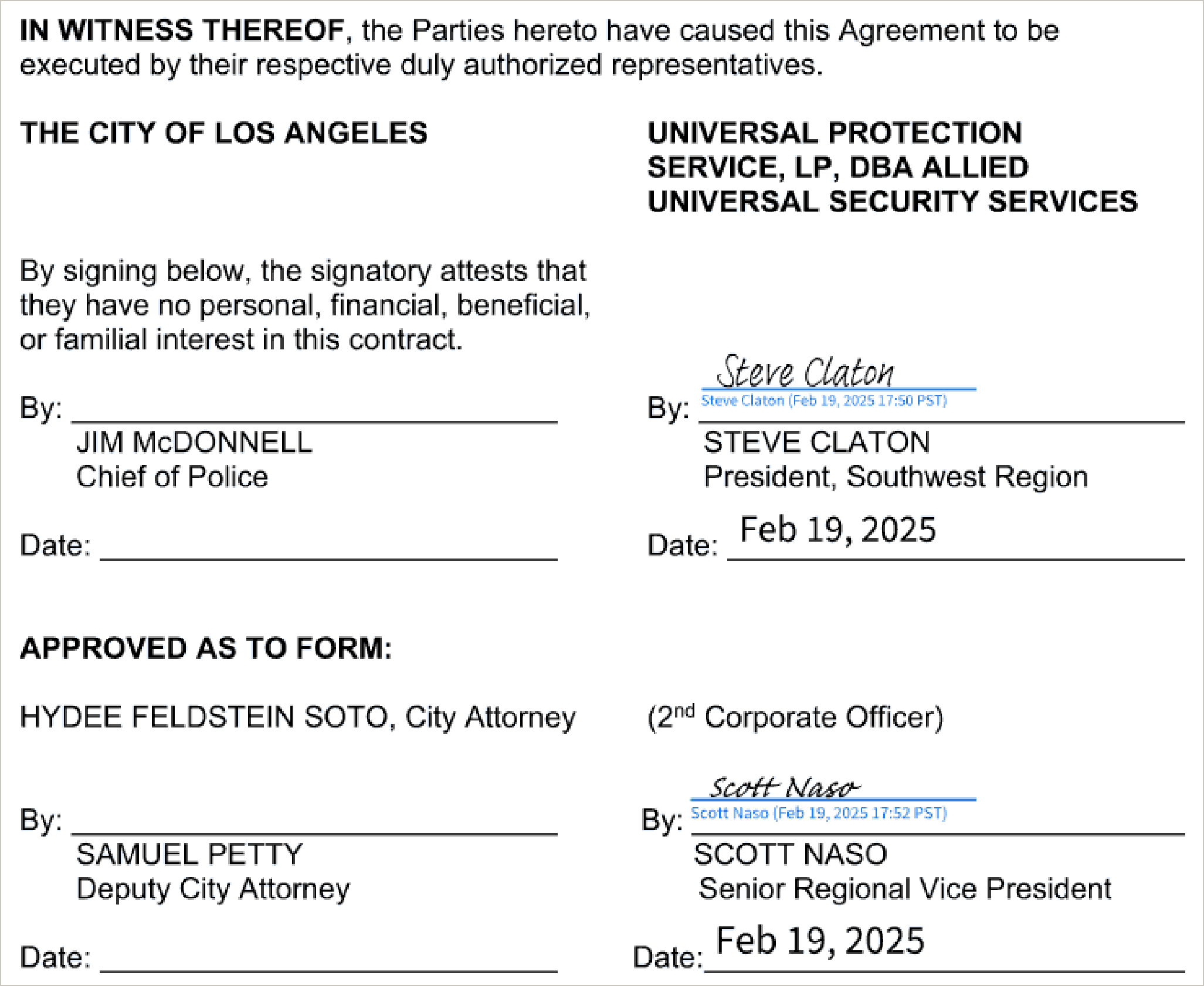 The signature page of agreement C-141552-1 between the City of Los Angeles and Universal Protection Service, LP, DBA Allied Universal Security Services. The company's lines are signed electronically by Steve Claton, President, Southwest Region, and Scott Naso, Senior Regional Vice President, both on February 19, 2025. The city's lines for Chief of Police Jim McDonnell and Deputy City Attorney Samuel Petty are blank in this copy.