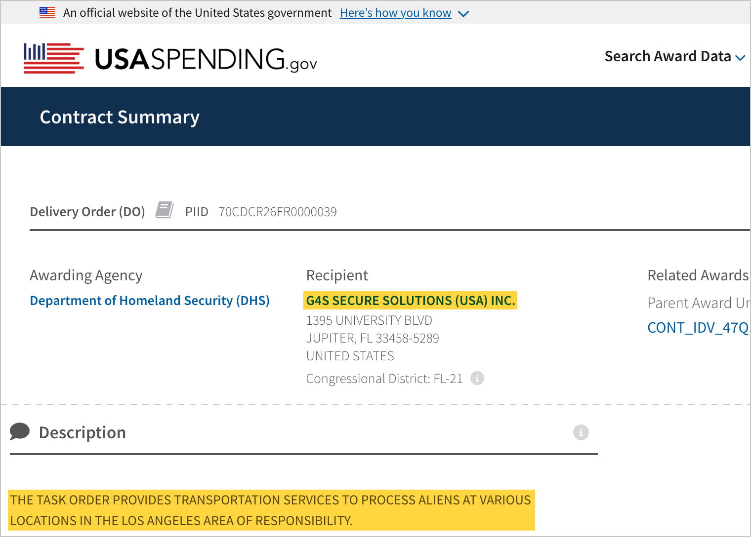 The USAspending.gov contract summary for delivery order 70CDCR26FR0000039, awarded by the Department of Homeland Security to G4S Secure Solutions (USA) Inc. of Jupiter, Florida, running from January 31 to October 28, 2026, with the description "The task order provides transportation services to process aliens at various locations in the Los Angeles area of responsibility" highlighted.