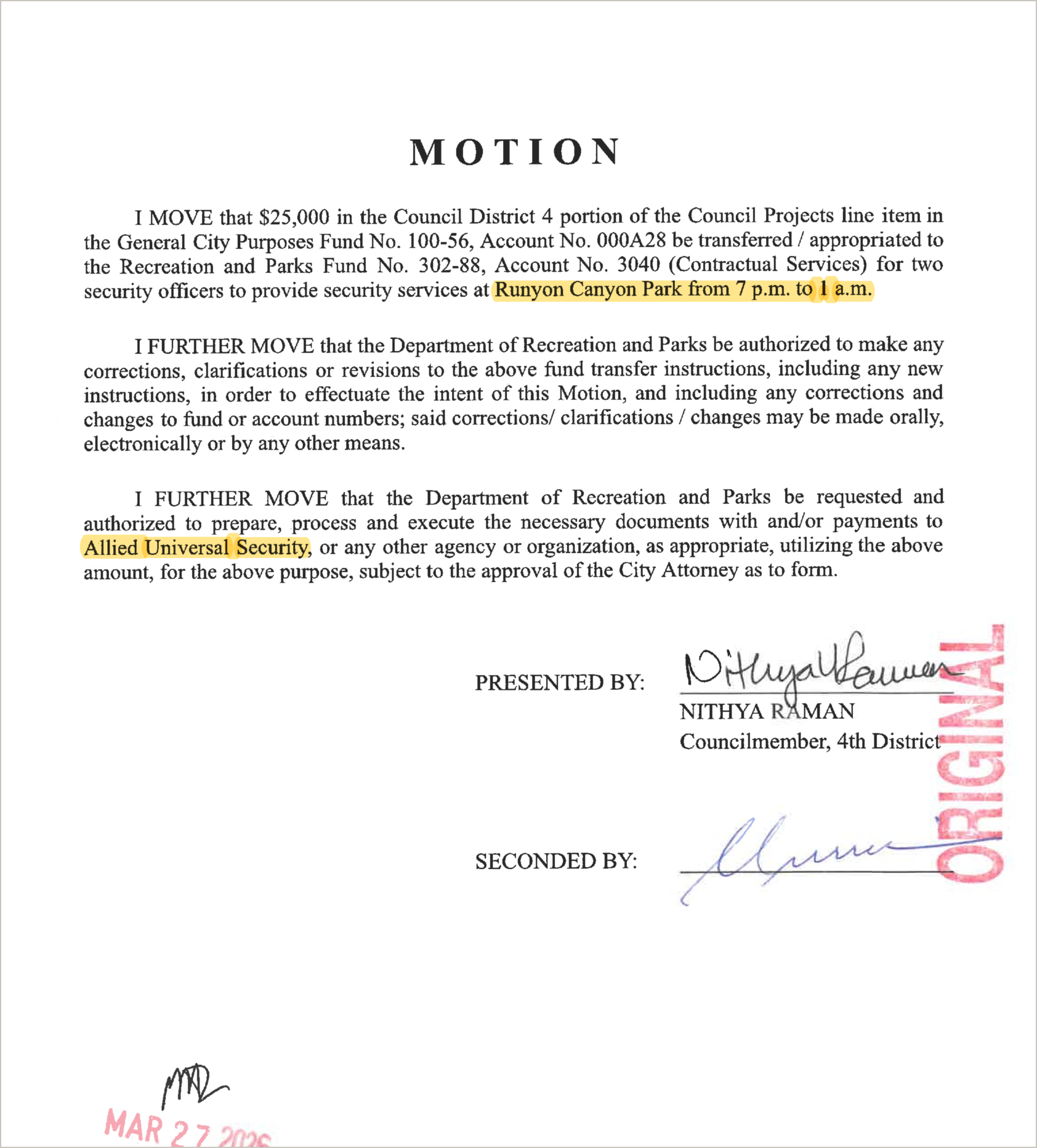 Nithya Raman's motion, seconded by Curren Price and stamped March 27, 2026, moving $25,000 from the Council District 4 portion of the General City Purposes Fund to Recreation and Parks "for two security officers to provide security services at Runyon Canyon Park from 7 p.m. to 1 a.m.," and authorizing payments to "Allied Universal Security," with both phrases highlighted.