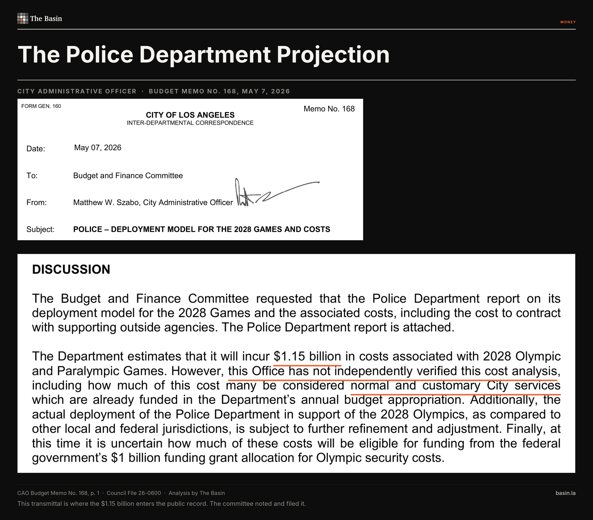 Budget Memo No. 168, signed by City Administrative Officer Matthew W. Szabo on May 7, 2026, records the $1.15 billion estimate and states that his office has not independently verified the cost analysis.