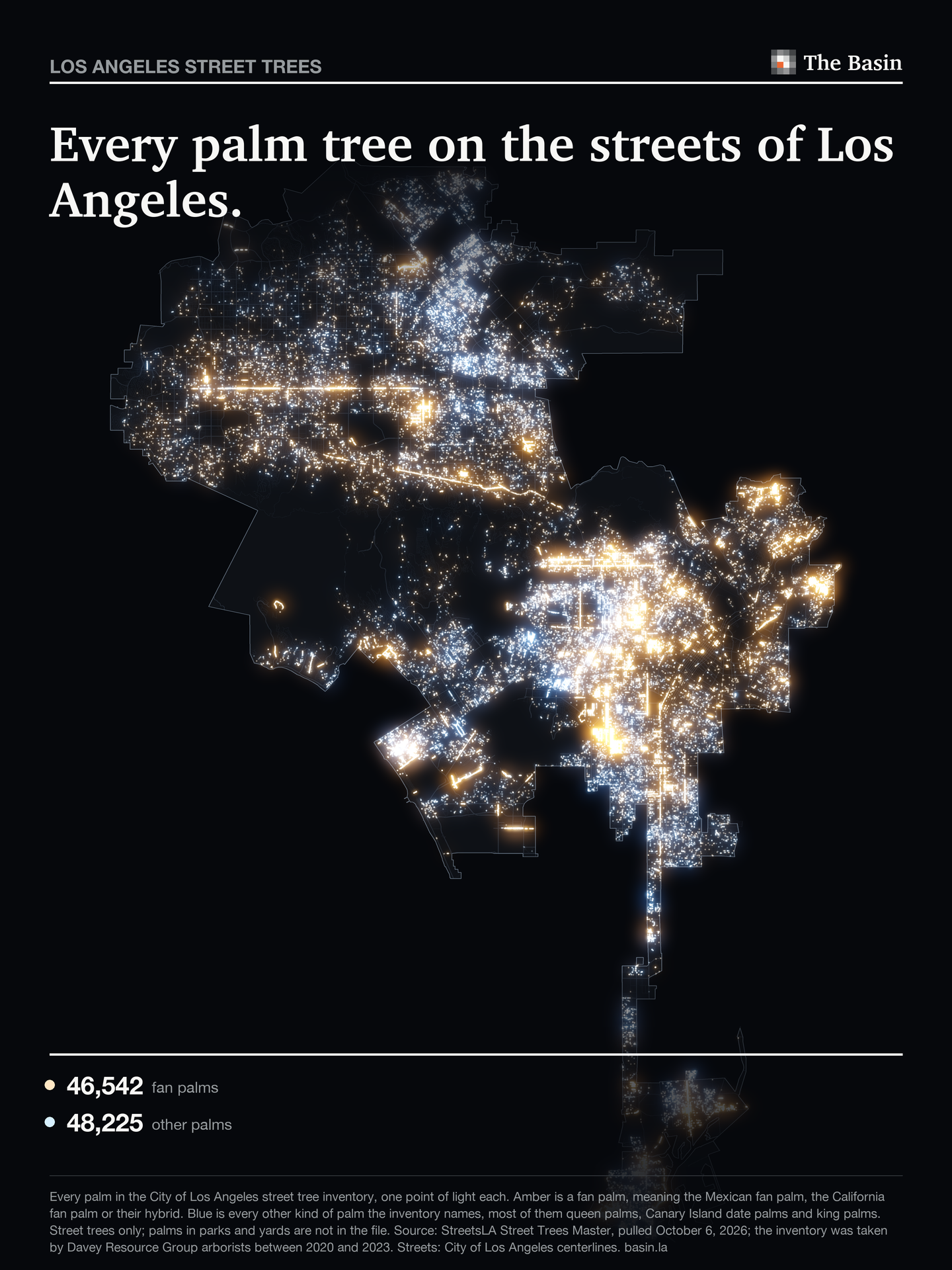 Dark map of Los Angeles with a point of light for each of its 94,767 street palms, fan palms in amber and the rest in blue.