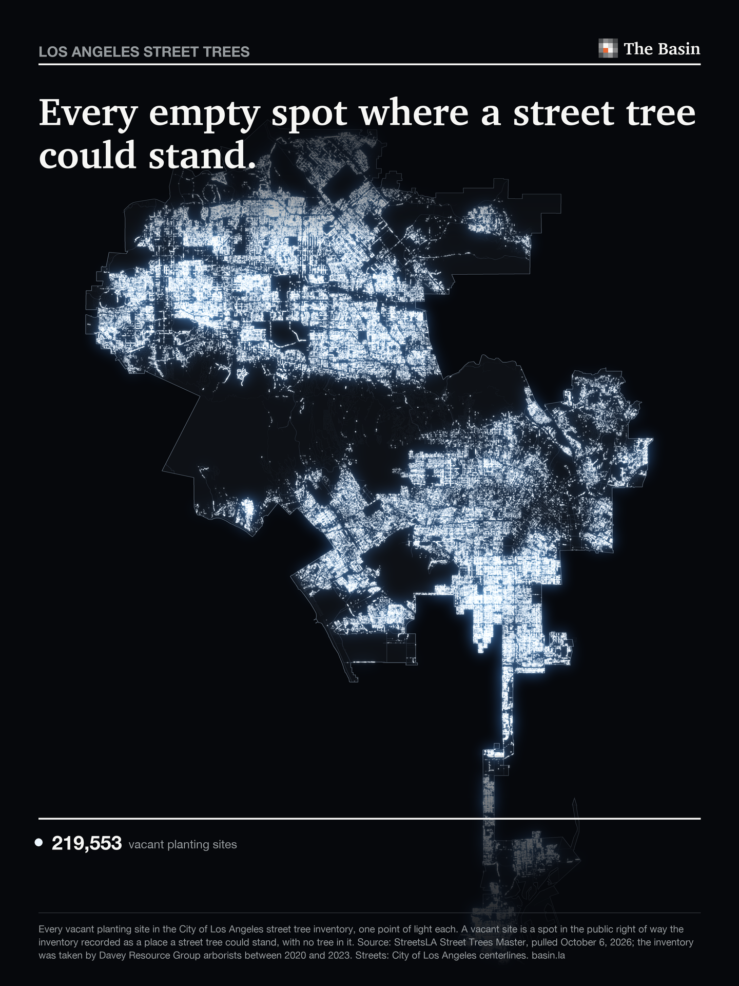Dark map of Los Angeles with a point of light for each of its 219,553 vacant street tree sites.