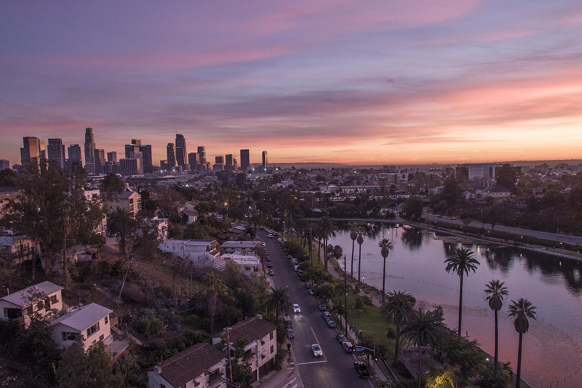 Echo Park Lake with the downtown Los Angeles skyline behind it
