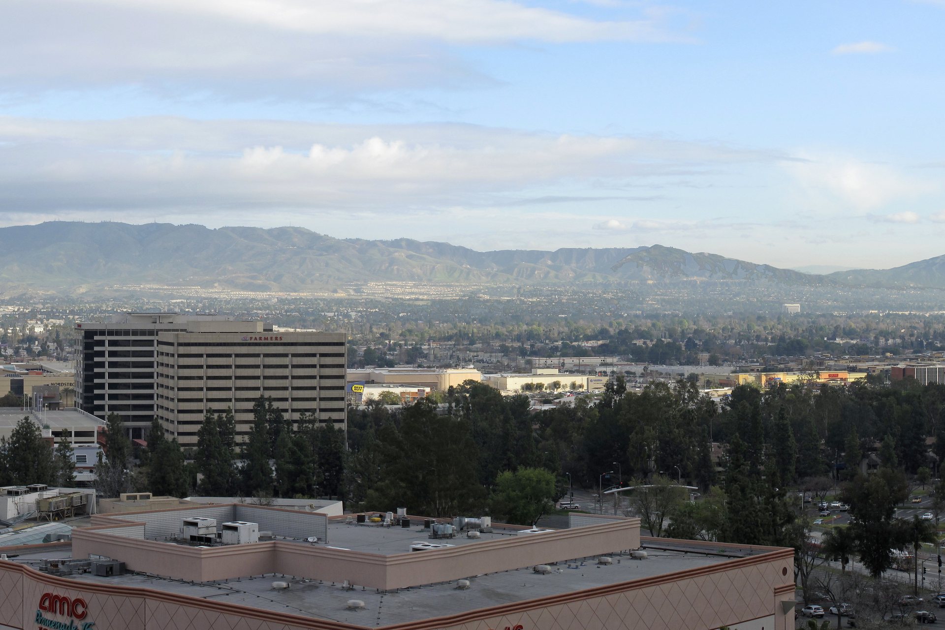 The Warner Center towers in Woodland Hills, with the San Fernando Valley and the hills behind them