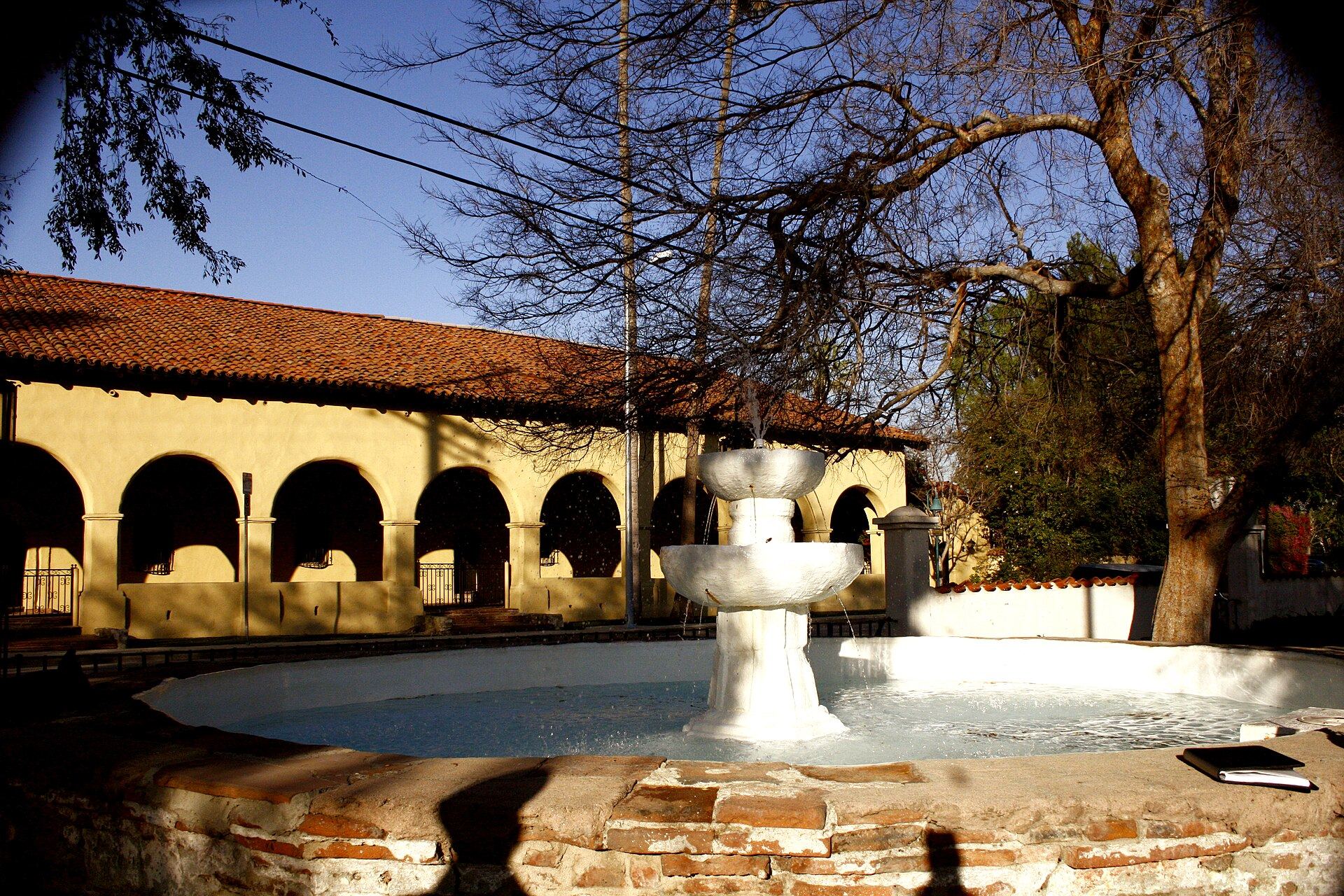 A tiled fountain in front of the San Fernando Mission at Mission Hills