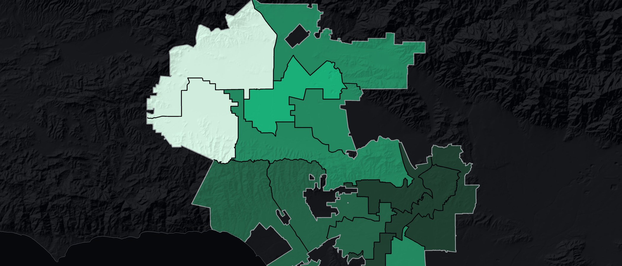 Map of the City of Los Angeles from the West Valley to Boyle Heights with each council district shaded in green by the share of its June ballots already returned, palest in the two West Valley districts and darkest in the districts from Hollywood to downtown and Boyle Heights