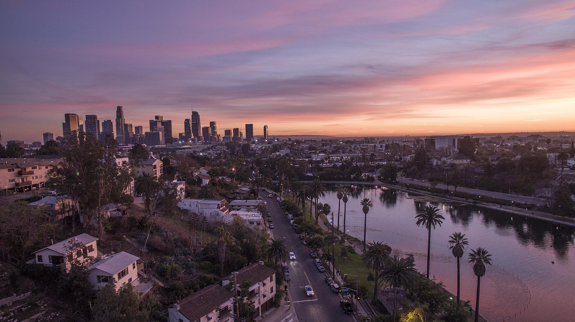 Echo Park Lake with the downtown Los Angeles skyline behind it