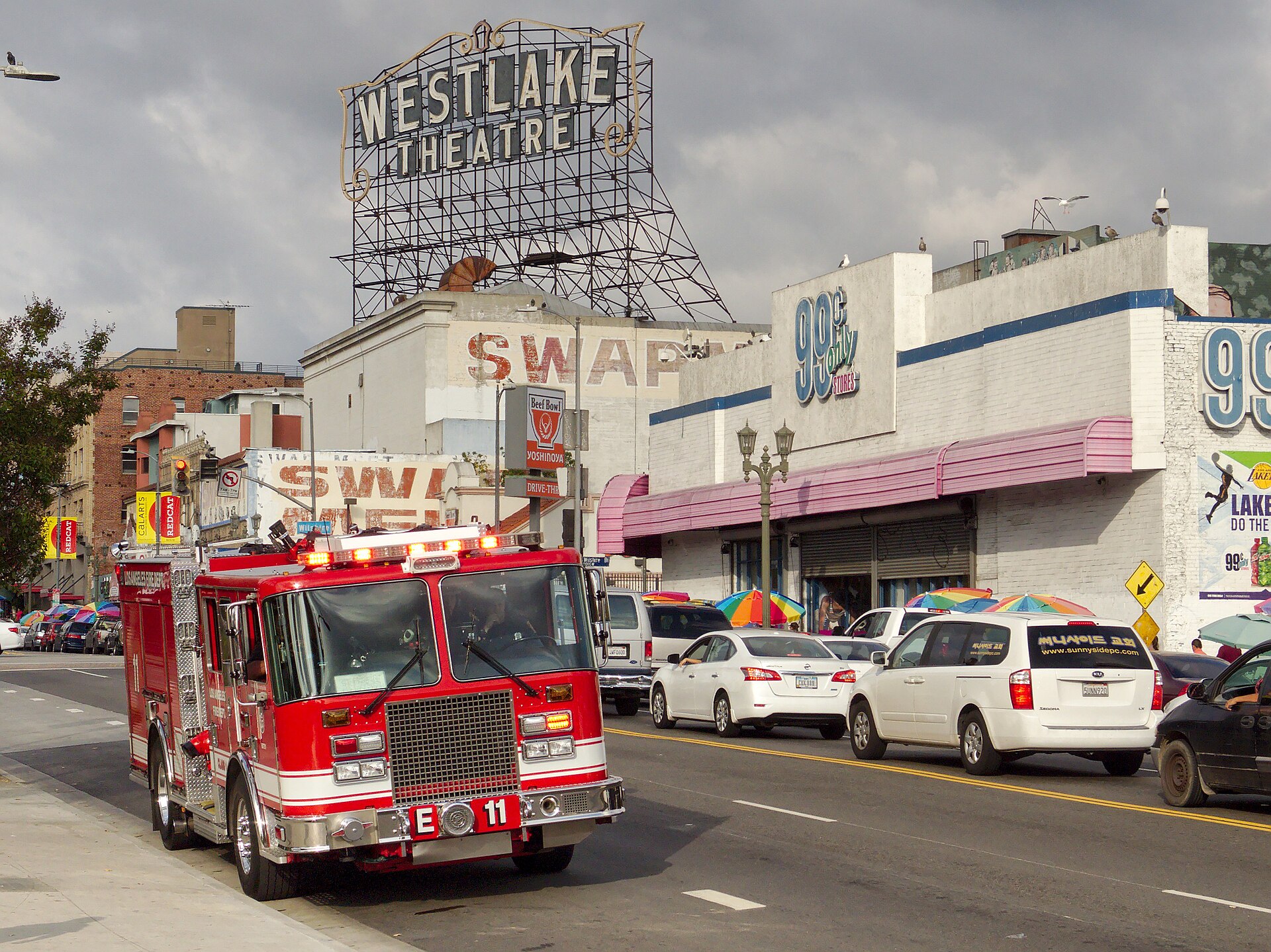 LAFD Engine 11 on Alvarado Street at MacArthur Park, under the Westlake Theatre sign, in October 2015