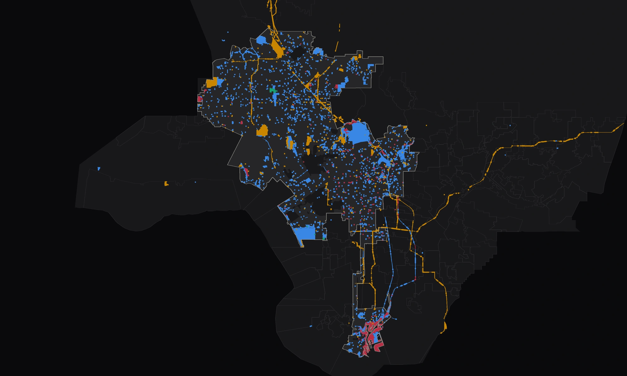 Every parcel in Los Angeles County with the City of Los Angeles as the registered owner, colored by the department named on the deed