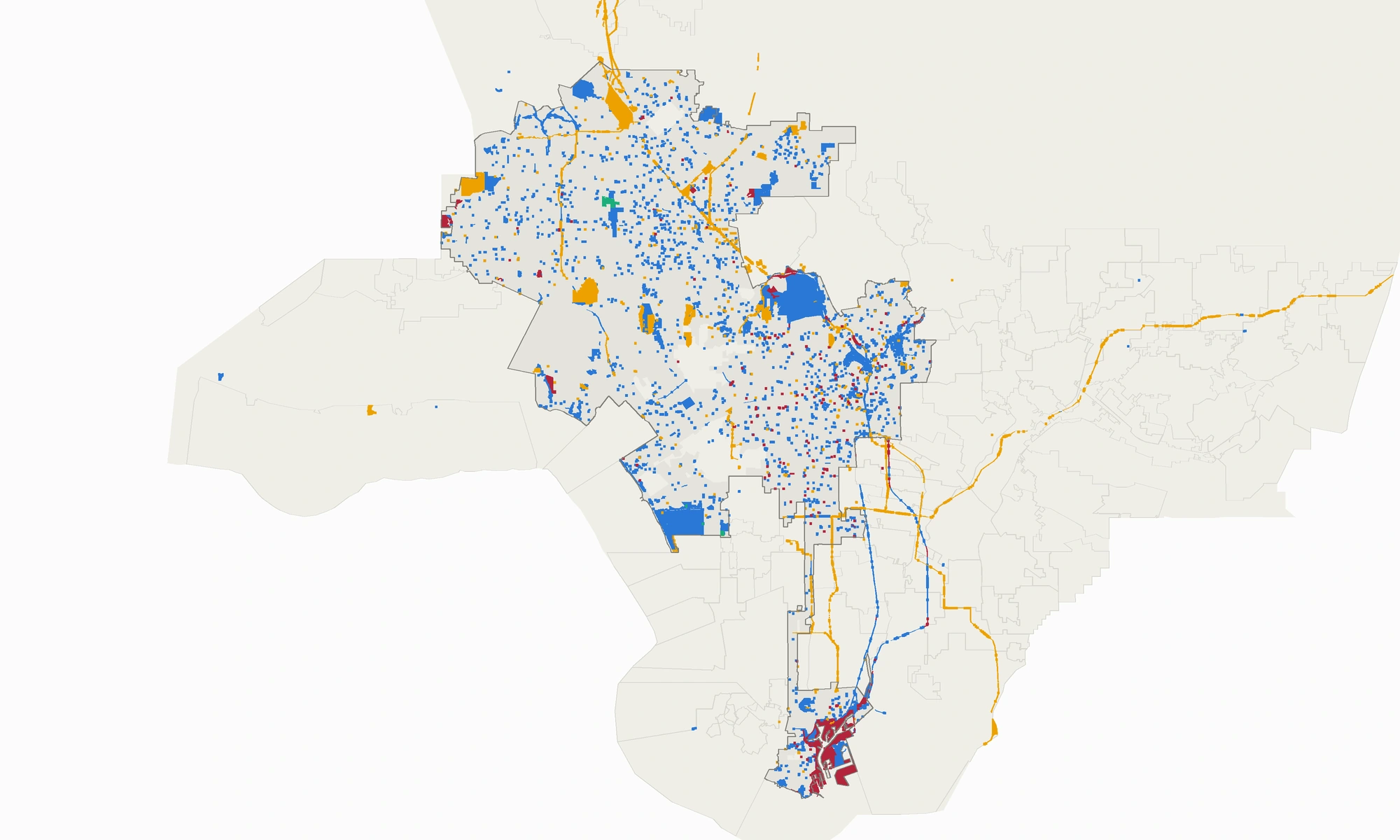 Every parcel in Los Angeles County with the City of Los Angeles as the registered owner, colored by the department named on the deed