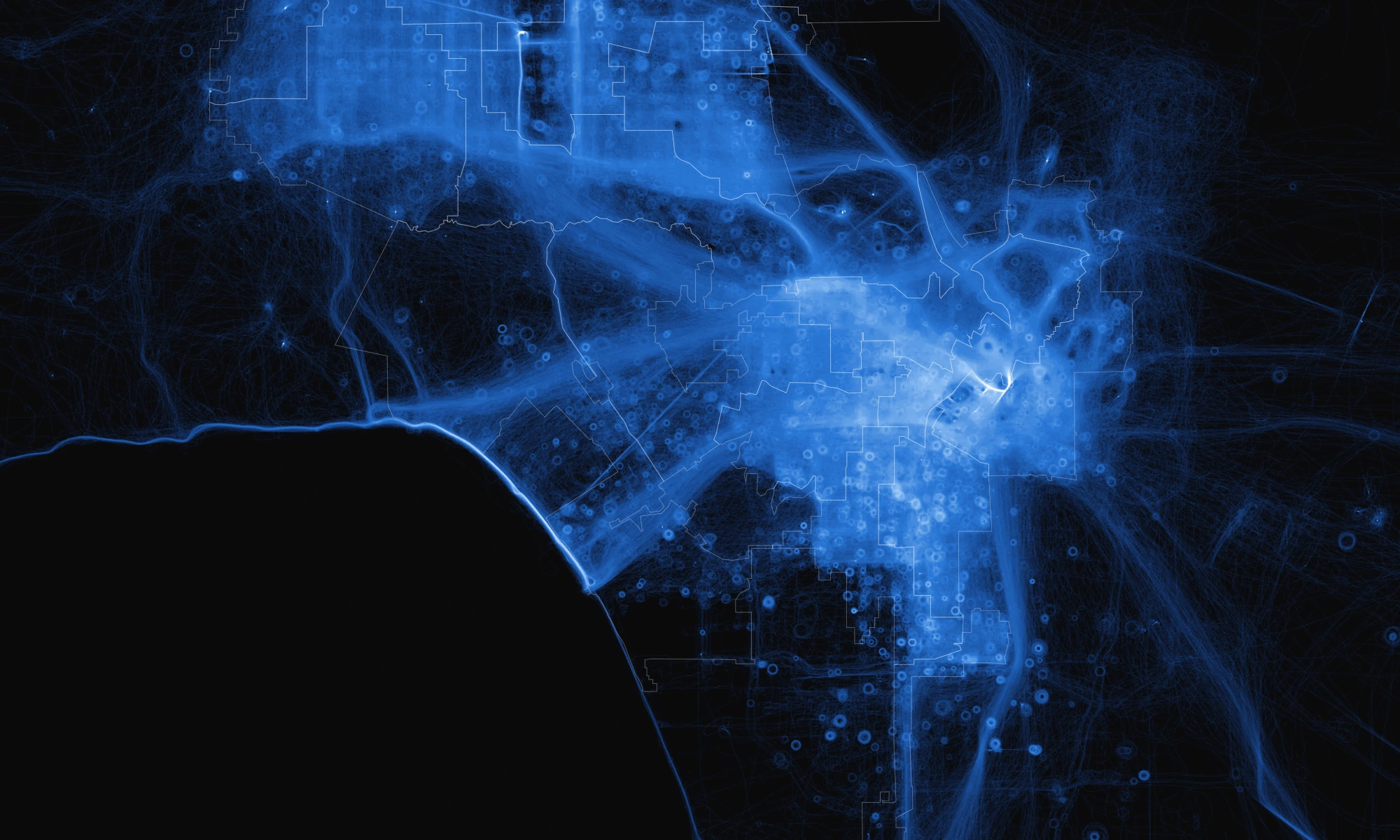 Los Angeles drawn entirely by a year of LAPD helicopter flight tracks