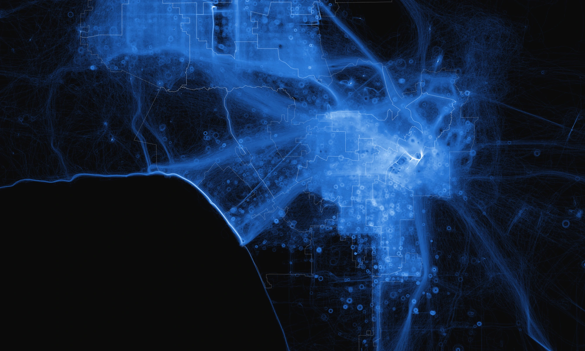 Los Angeles drawn entirely by a year of LAPD helicopter flight tracks