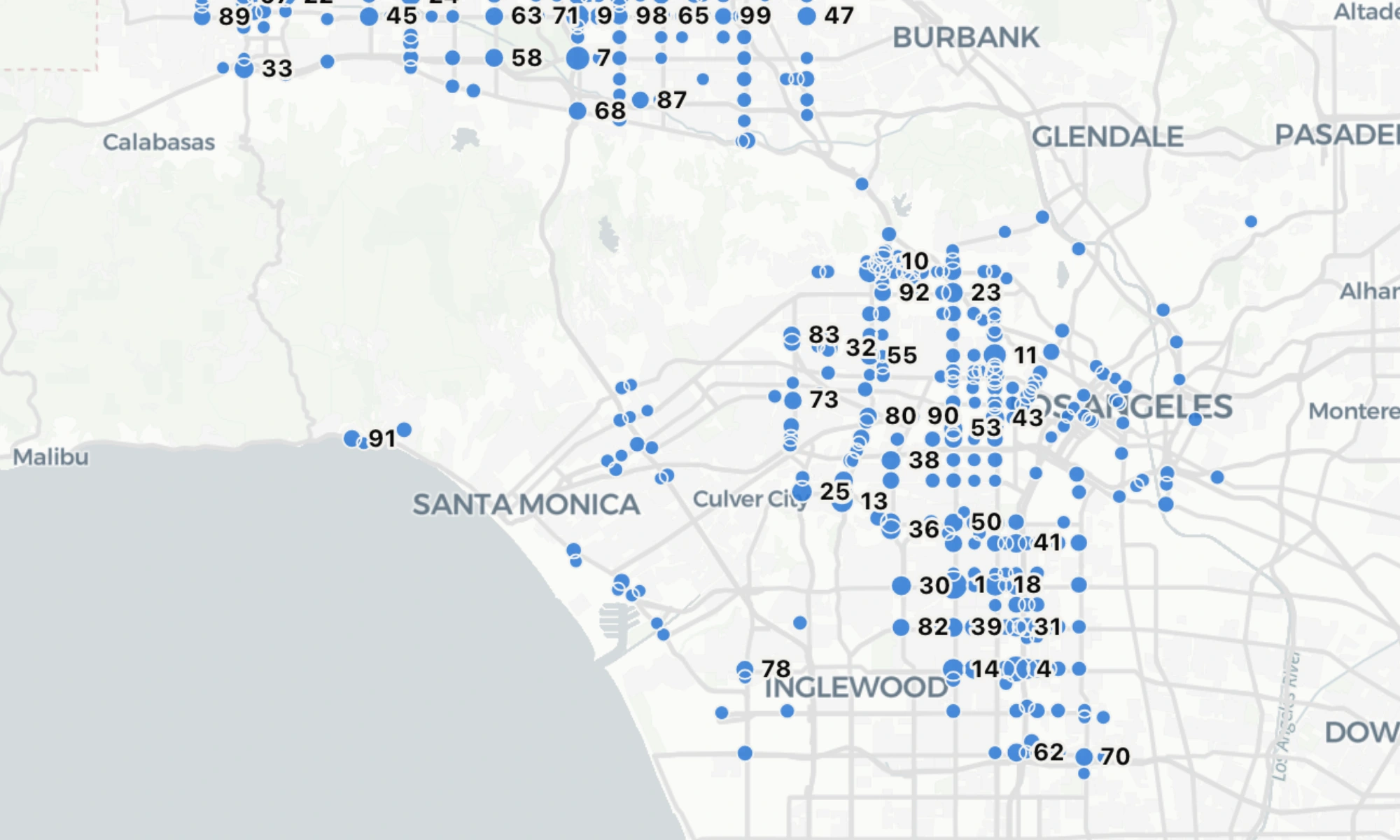 The most dangerous intersections in Los Angeles, sized by the number of collisions recorded at each corner
