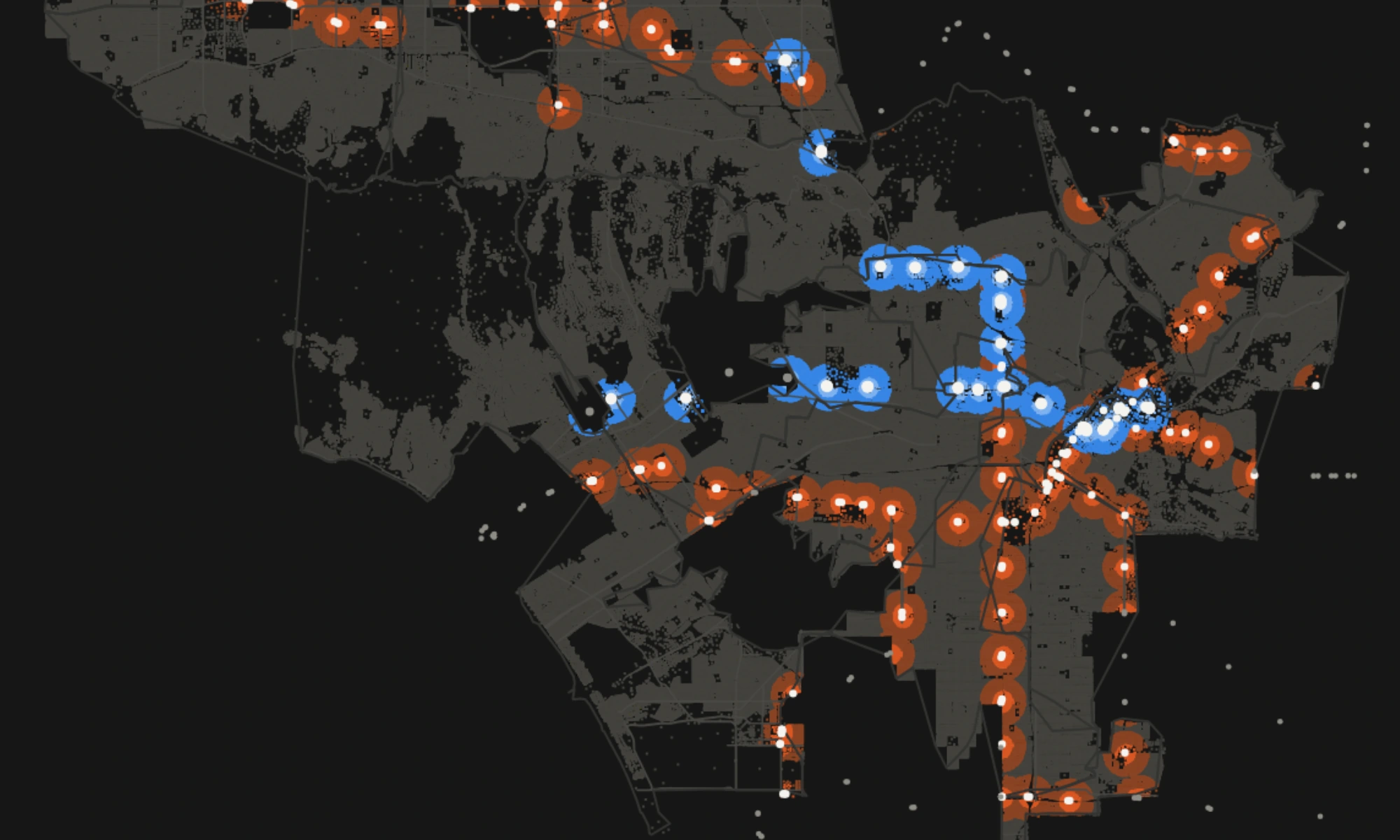 Map of Los Angeles parcels inside an SB 79 transit-oriented development band