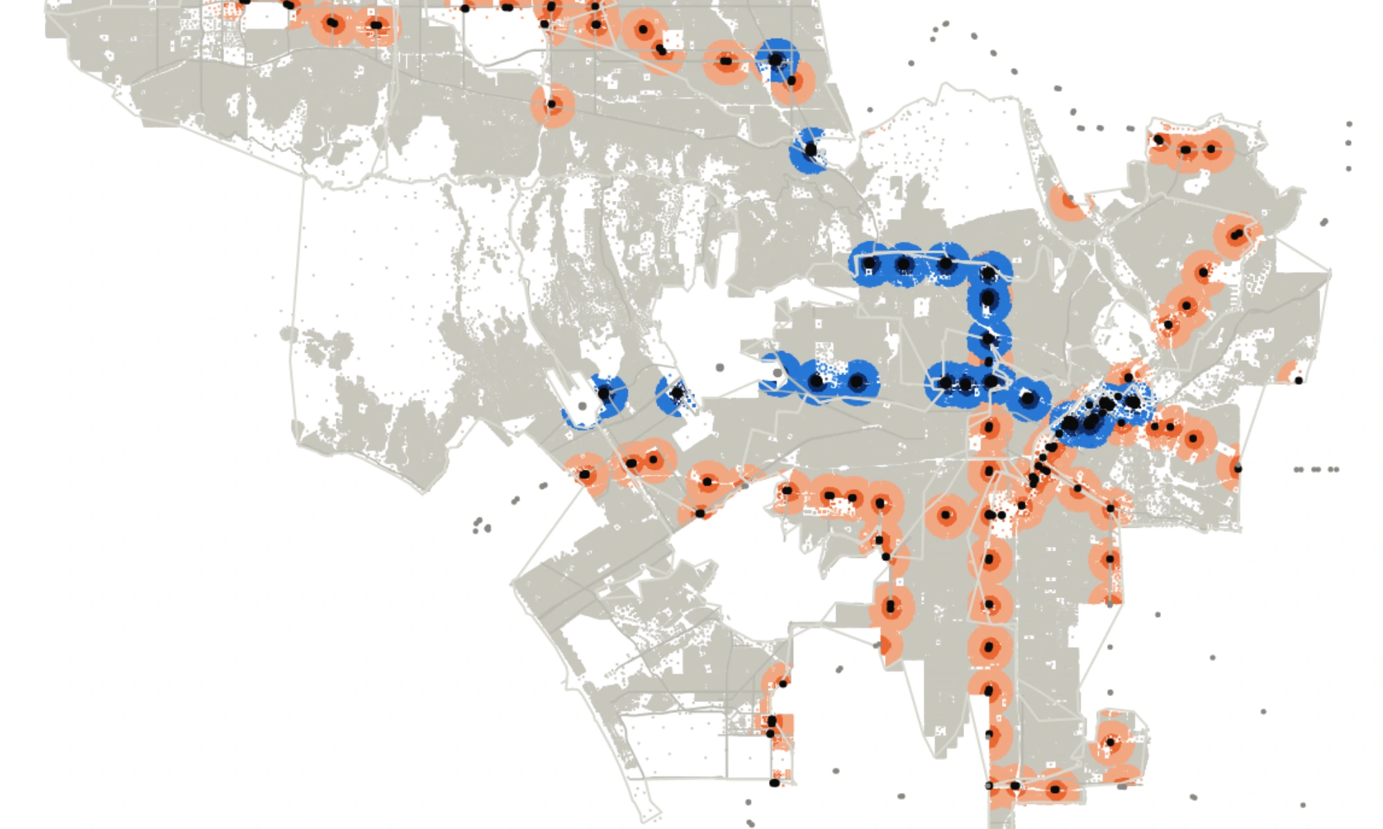 Map of Los Angeles parcels inside an SB 79 transit-oriented development band