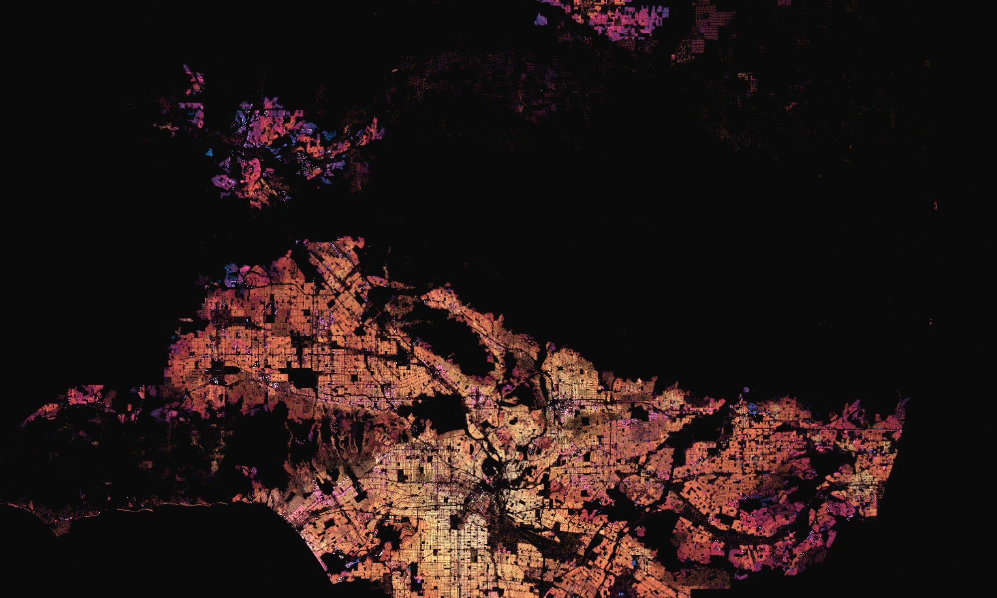 Every parcel in Los Angeles County colored by the decade its building went up