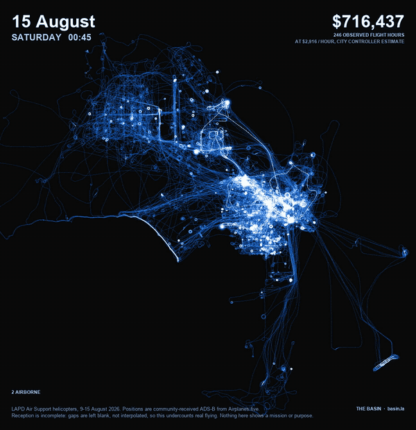 Every LAPD helicopter flight over Los Angeles across one week in August 2026, drawn with no basemap: the city appears entirely from flight tracks.